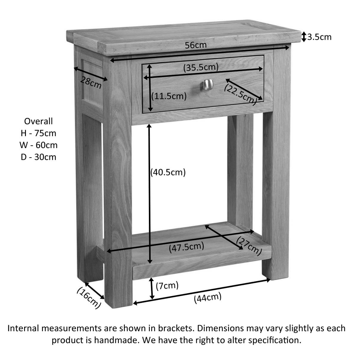 DOR078 | Pine & Oak Furniture Pine & Oak Furniture Wooden console table with a single drawer and lower shelf; overall 75 cm tall, 60 cm wide, 30 cm deep.