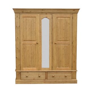 Pine & Oak Furniture Cottage Pine Triple Wardrobe On 2 Drawers, Mirror Centre