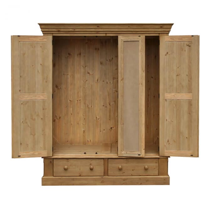 Pine and Oak Cottage Pine Triple Wardrobe On 2 Drawers, Mirror Centre