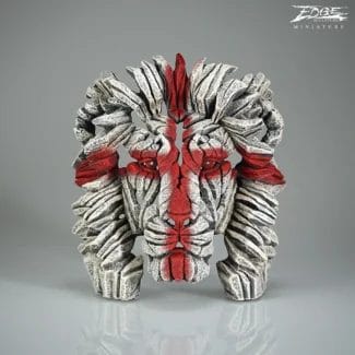 Edge Sculpture miniature: a stylized, horned creature built from red and grey stone-like segments, standing on a reflective surface.